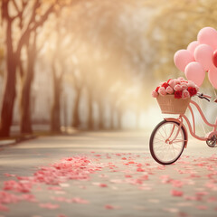 Retro style bicycle with basket full of fresh roses and pink balloons on sunny street. Love concept, valentine day. 