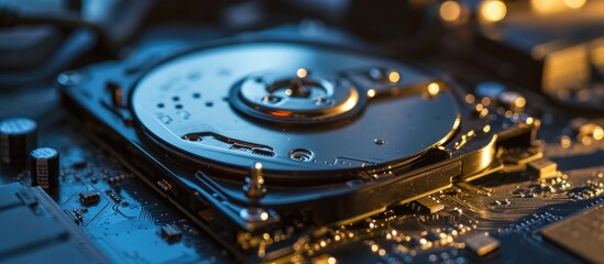 Modern open hard disk drive in close-up. - obrazy, fototapety, plakaty