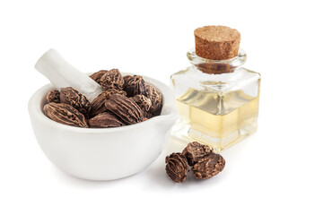 Dry organic Black cardamom (Amomum subulatum), in white ceramic mortar and pestle, along with its essential oil.