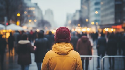 a person in a yellow jacket and a hat is walking down a street with a lot of people