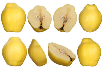 Fresh quince isolated on a white background. Set or collection, sliced and whole, top view,...