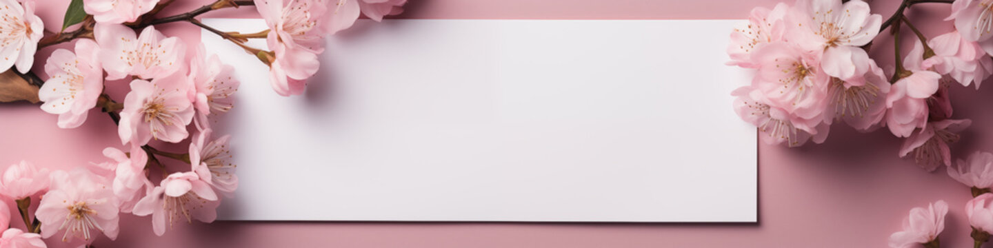 white blank note on pink table with pink flowers