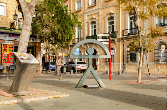 ALMERIA, SPAIN - 11 DECEMBER 2023 A statue of the Indalo man which was adopted as an official symbol of good luck and amulet for the entire province of Almeria in Spain