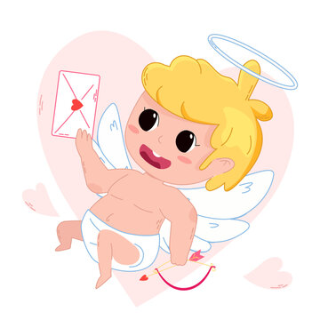 Cute cartoon Valentines Day cupid. Adorable cute Cupid cartoon character. Amur babies, little angels, god eros. Valentines day concept design. Adorable angel love mail,. Kawaii chibi vector character.
