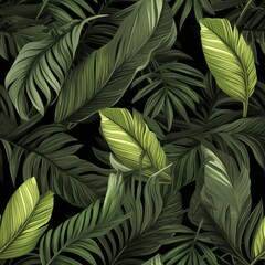 Seamless tropical leaf pattern with monstera, banana tree, and palm in dark green color