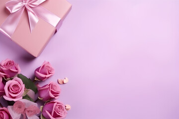 Top view gift box on pink background with roses, Mother's day, Valentine's day, March 8 and Women's Day banner concept with copy space for text - Powered by Adobe