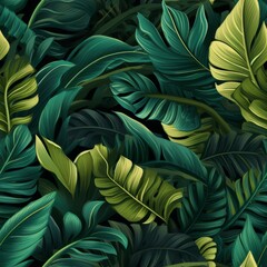 Seamless tropical green leaf pattern with monstera, banana tree, and palm leaves on dark background