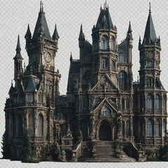 Fototapeta na wymiar Gothic Masterpiece,: A majestic Gothic building with many towers and exquisite patterns. The building is made of dark stone, giving it an imposing and majestic appearance. Generative AI