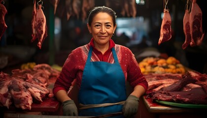 Portrait of a female butcher from latin america