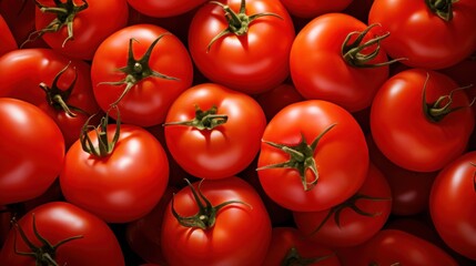  a large group of red tomatoes with green stems on the top and bottom of the tomatoes on the bottom of the picture. - obrazy, fototapety, plakaty