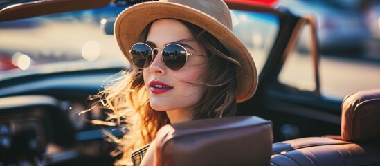 Attractive woman in stylish hat and sunglasses glanced at backseats in a convertible car. - obrazy, fototapety, plakaty