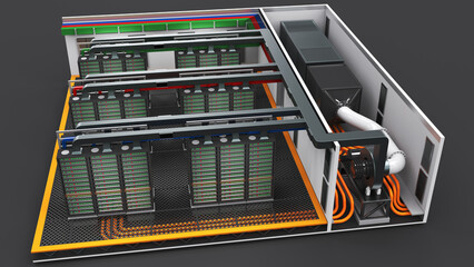 Data center floor, mining farm, server room with rows of server racks. 3d illustration isolated on black