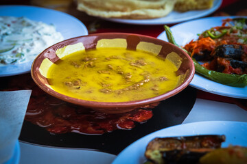 Fava beans dip. Traditional egyptian, middle eastern food foul medames with olive oil. Closeup....