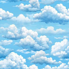 Seamless pattern of vibrant blue sky with fluffy white clouds for background design and texture - obrazy, fototapety, plakaty