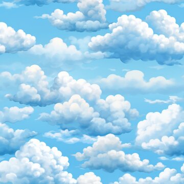 Seamless pattern of vibrant blue sky with fluffy white clouds for background design and texture