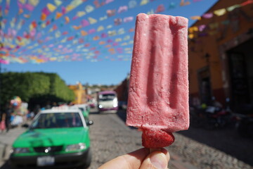 Strawberry paleta fruit bar ice cream in Mexico