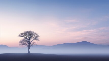  a lone tree in the middle of a field with mountains in the background and a pink sky in the background.