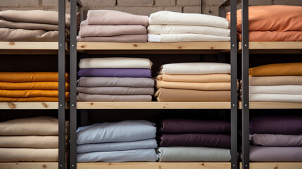 Colorful Array of Bed Linens Neatly Stacked on Wooden Shelves