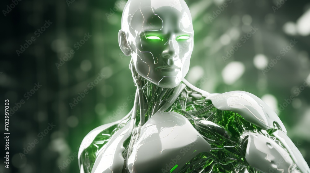 Poster high-tech robot with green energy in the form of lightning, ai