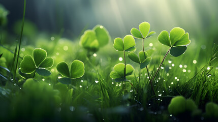 A field of green clovers or shamrocks with dew. Horizontal background for Saint Patrics day....