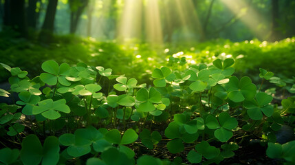 Horisontal background for Saint Patrics day. A field of green clovers or shamrocks, morning light. Generative AI