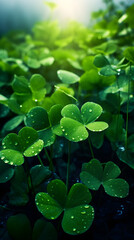 A field of green clovers or shamrocks. Vertical background for Saint Patrics day. Generative AI