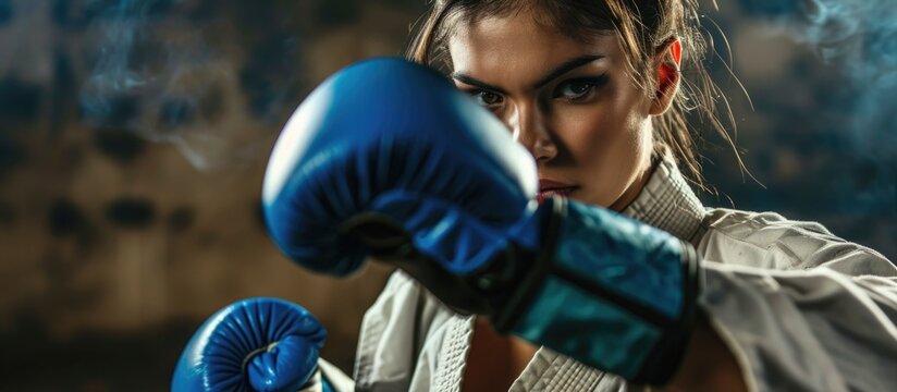 Female in karate attire with blue boxing glove