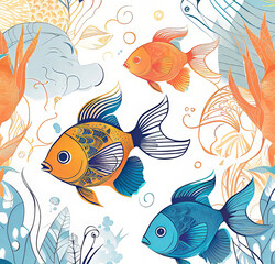 Fototapeta premium illustration of seaweed and underwater fantastic fish in the depths of the ocean, poster booklet, t-shirt print, creative illustration for design