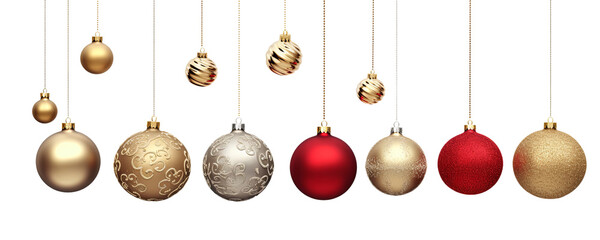 Set of different hanging decorative Christmas balls, golden, red silver, unique ornament designs. Isolated on transparent background PNG