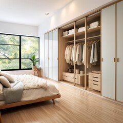 White wooden wardrobe in scandinavian style interior design of modern bedroom, Generative AI