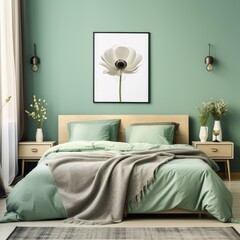 Bed with grey headboard and green blanket near mint color wall. Interior design of modern bedroom, Generative AI