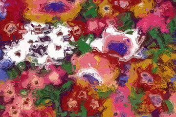 Fototapeta premium Oil paintings and various flowers, chrysanthemums, mushrooms, and animals are beautiful