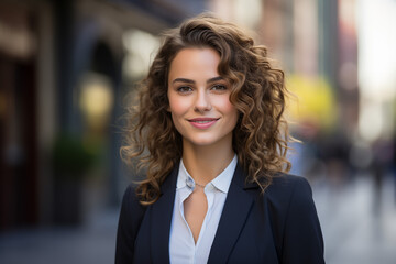 Fototapeta premium Beautiful young businesswoman in a black suit in the city.