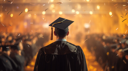 Obraz premium A man in a graduation cap looking over crowds.
