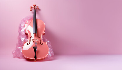 cello with cellophane film on pink background with copy space