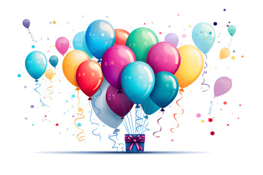balloons and a gift on a white background. Holiday, happy birthday