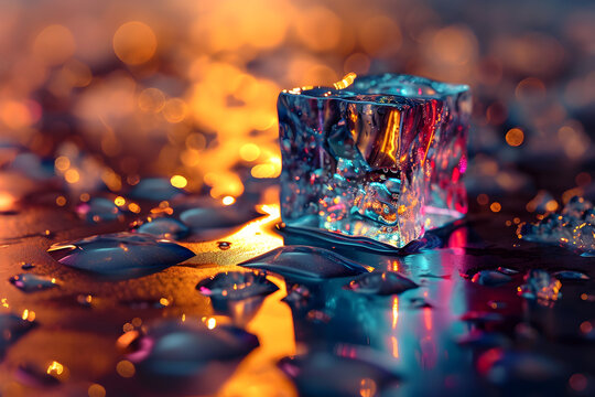 ice cube with multicolored iridescent light reflection, drops and bokeh