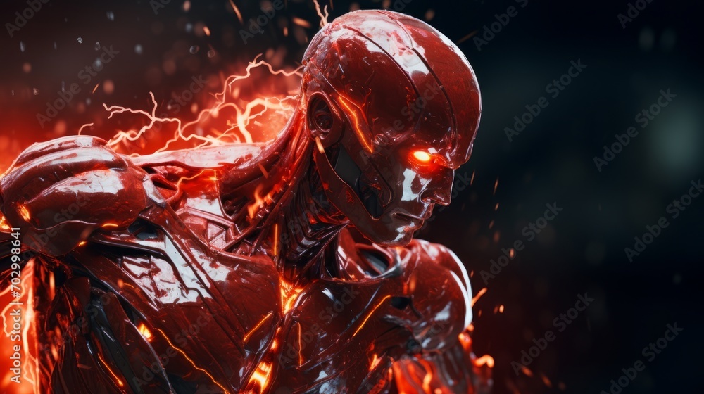 Poster high-tech robot with red energy in the form of lightning, ai