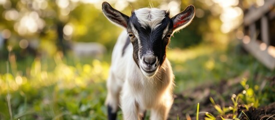 Mixed-race young goat playing outside.