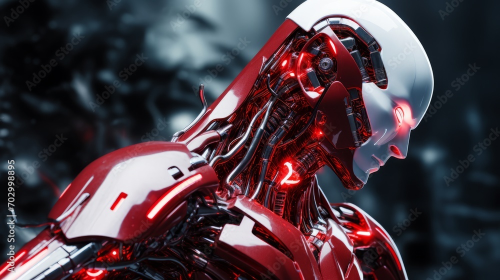 Poster high-tech robot with red energy in the form of lightning, ai