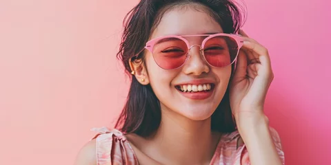 Poster Young and happy woman in stylish sunglasses on pastel background © Lazylizard