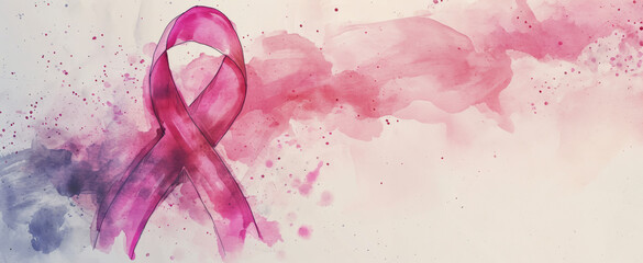 Breast cancer awareness month. Watercolor pink ribbon with copy space