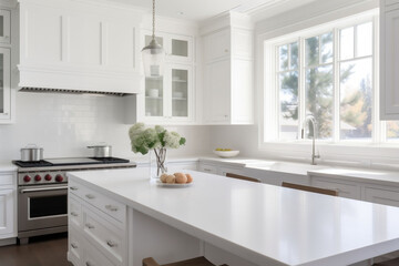 A stylish white kitchen design with a large marble island with a vase if roses and empty counter cabinets and a window . Copy space.