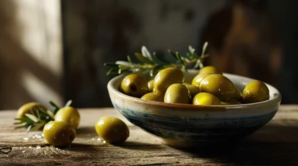 Foto auf Glas Displaying Olive products on a table in an elegant advertising style with high-quality photograph © Matthew
