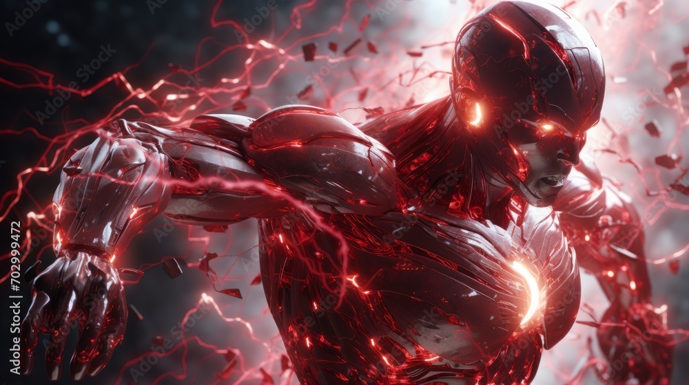 Poster high-tech robot with red energy in the form of lightning, ai