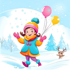 Obraz na płótnie Canvas little happy girl playing outdoors in winter, vector graphics, children's drawing, girl making a snowman out of snow,