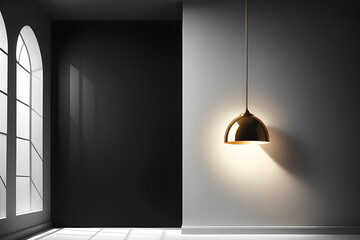 elegant lamp suspended from a high ceiling casting a soft pool of light on a monochrome wall space