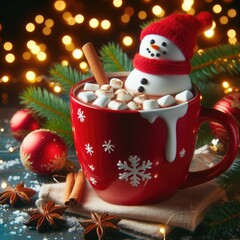Red mug with hot chocolate with melted marshmallow snowman