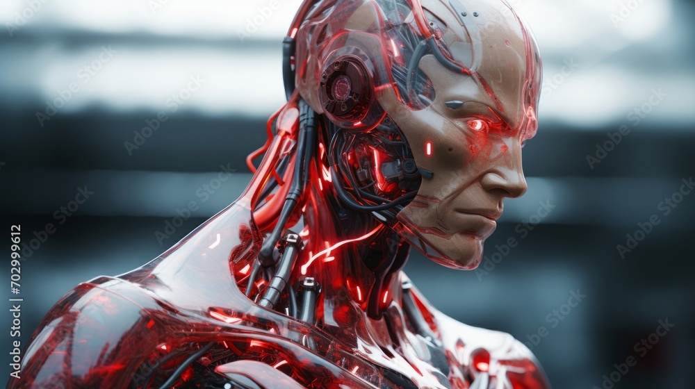 Poster high-tech robot with red energy in the form of lightning, ai