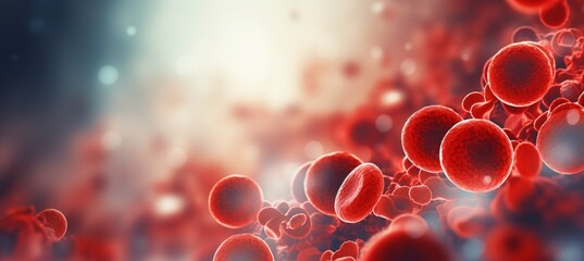 Close up of blood cells in the bloodstream on blurred background with space for text placement